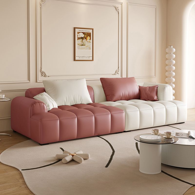 Scandinavian Faux Leather Pillow Back Recessed Arm Sofa For Living Room