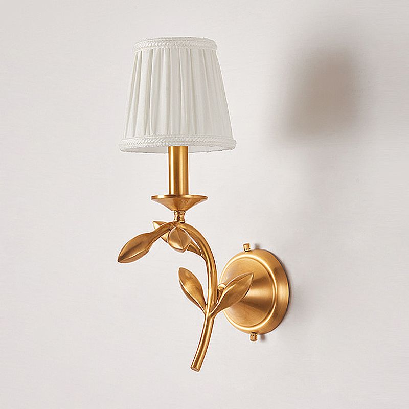 Brass Pleated Shade Wall Lamp American Rustic Fabric 1/2-Bulb Living Room Wall Light Sconce