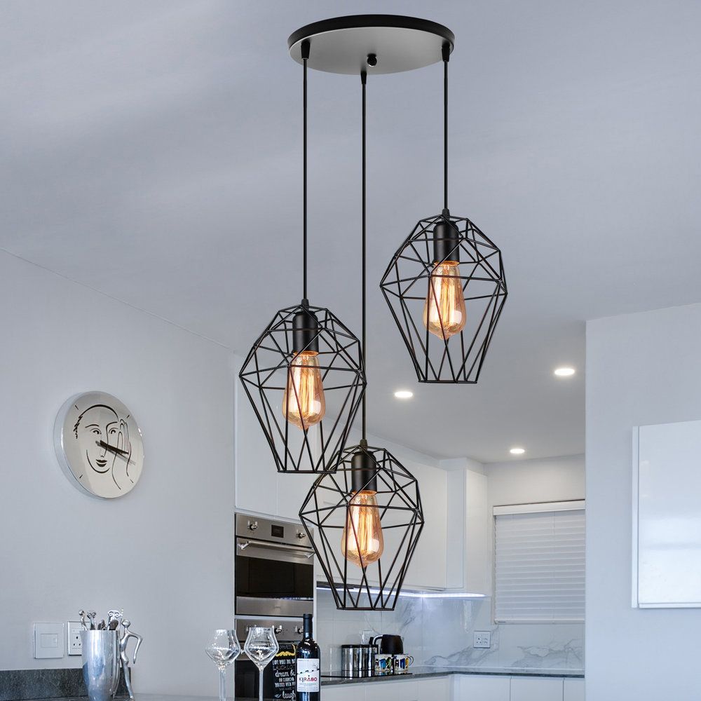 Metallic Black Suspended Light Geometric 3 Bulbs Vintage Ceiling Pendant Lamp with Cage Shade and Round/Linear Canopy