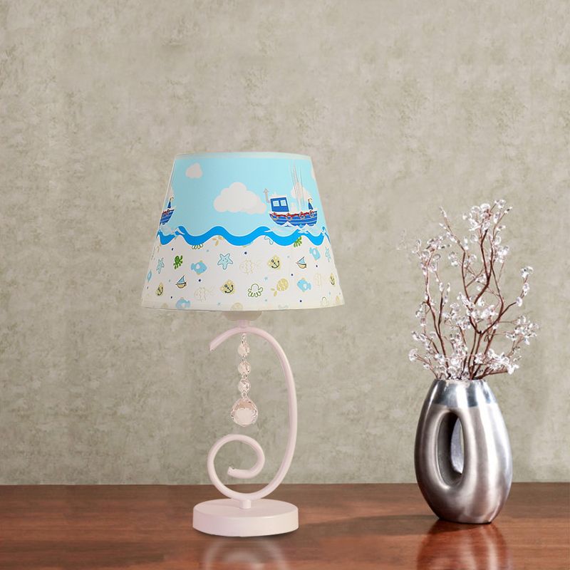 Barrel Bedroom Table Light Fabric 1 Bulb Cartoon Night Lamp in White with Crystal Drop and Sheep/Loving Heart/Elephant Pattern