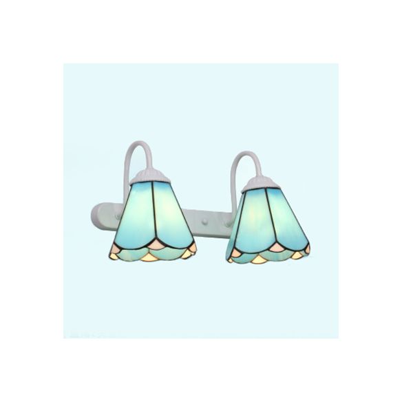 2 Heads Vanity Lighting Fixture Tiffany Cone White/Blue Glass Wall Mounted Light for Bedroom