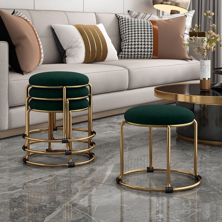 Contemporary Ottoman Fabric Upholstered Metal Frame Solid Color Round Ottoman