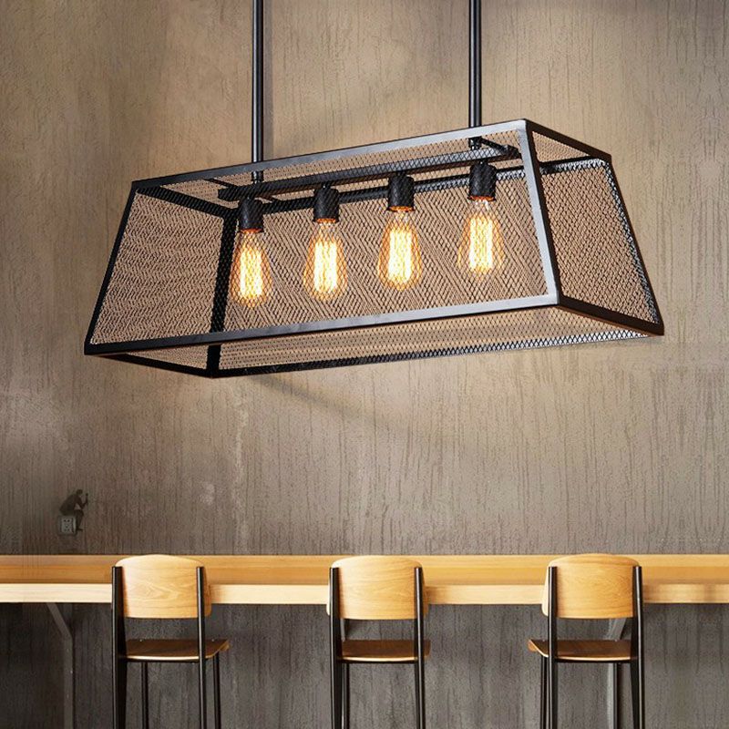 Iron Trapezoid Suspension Light Antique 4 Heads Restaurant Island Chandelier Light in Black