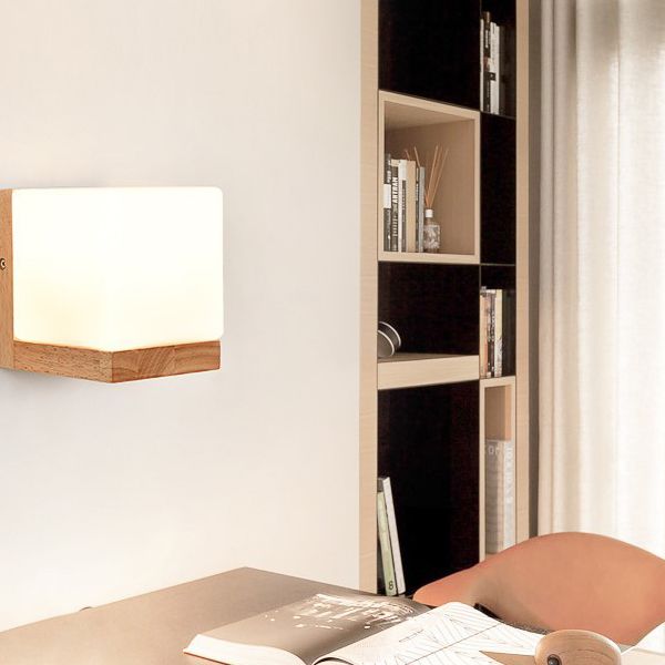 Modern Creative Wall Lamp Wooden Geometric Wall Light with Glass Shade