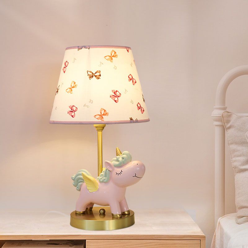Resin Flying Horse Table Lamp Kids 1 Head Nightstand Light in Pink/Blue with Printed Fabric Shade