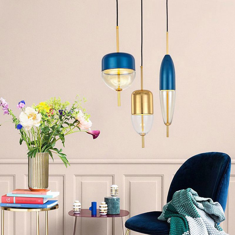 Blue Jar Hanging Pendant Postmodern 1-Light Aluminum Ceiling Light with Bottom Clear Glass Shade