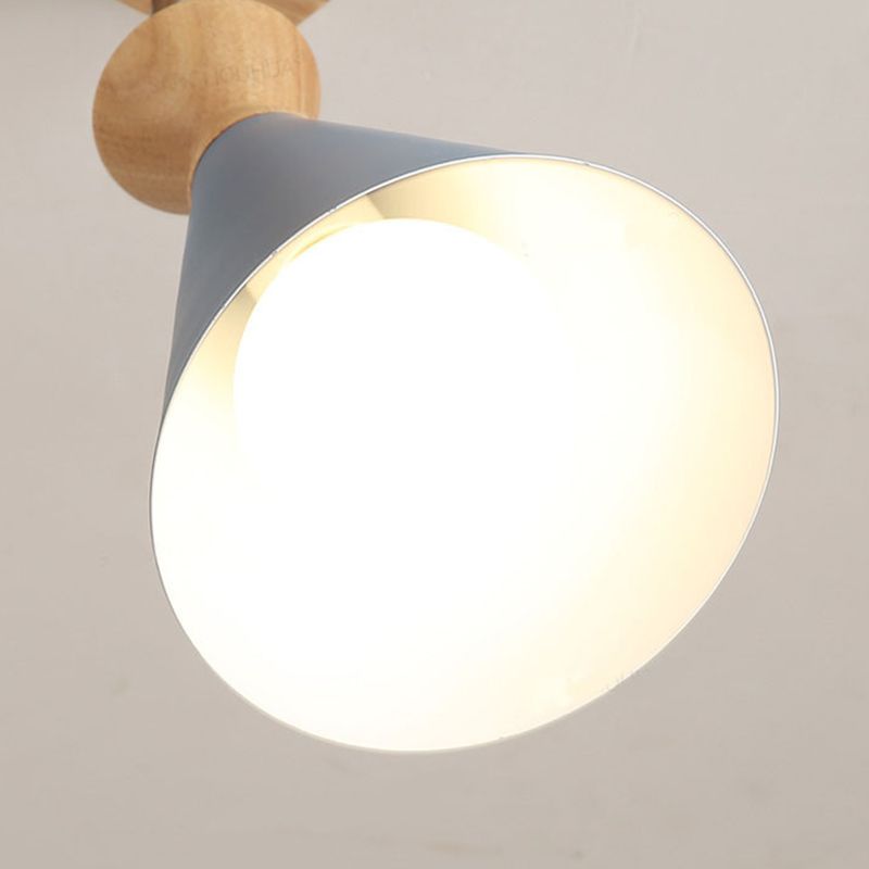 Wooden Cone Semi Flush Mount in Modern Creative Style Iron 3-Light Ceiling Light for Dining Room
