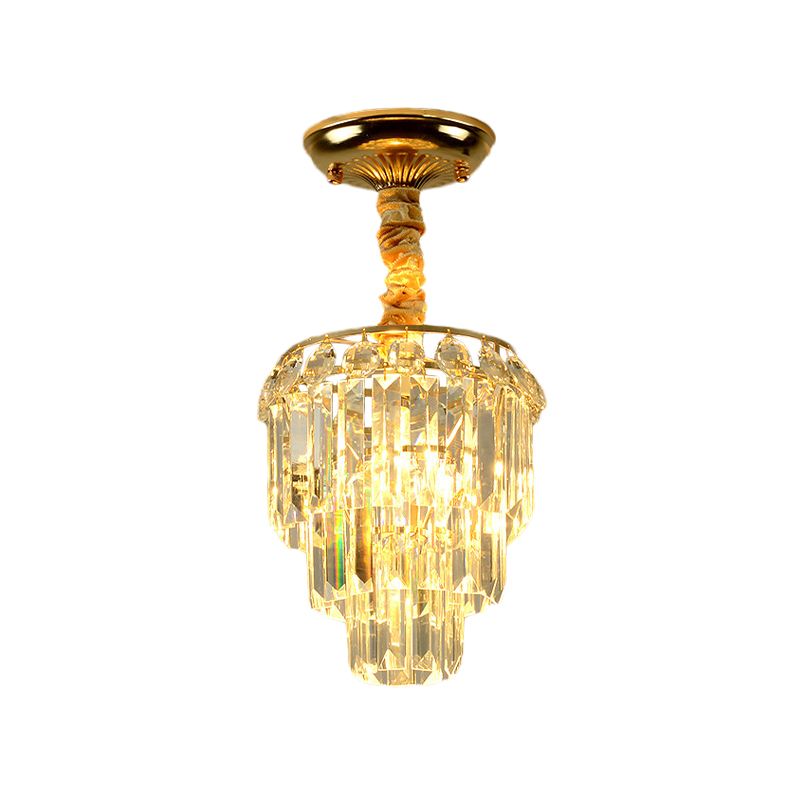 3-Layer Tapered Foyer Flush Mount Light Modernism Crystal Single Gold Semi Mount Lighting