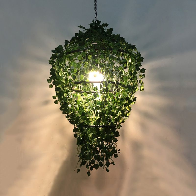 Caged Metal Down Lighting Pendant Retro 1 Bulb Restaurant LED Hanging Ceiling Light in Black with Plant