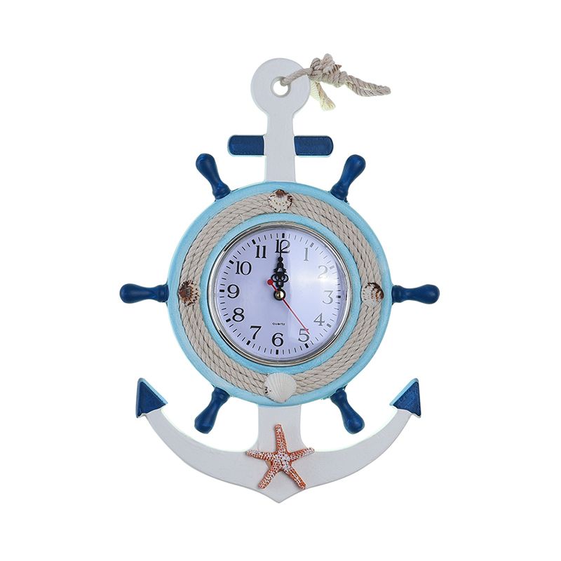 Child Bedroom Anchor Rudder Wall Light with Clock Wood Nautical Stylish Blue Wall Lamp
