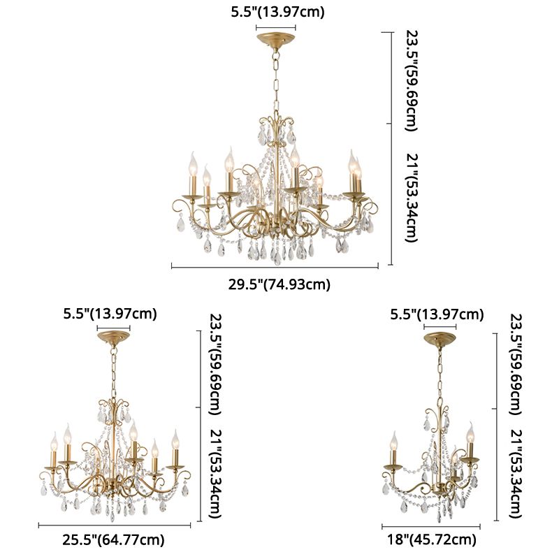 Candlestick French Style Chandelier Lighting Clear Crystal Multi Lights Metal Hanging Ceiling Light in Gold