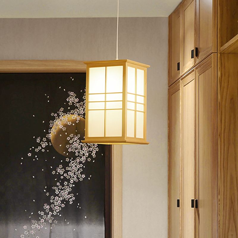 1 Bulb Dining Room Ceiling Lamp Asia Beige Hanging Light Fixture with House Wood Shade