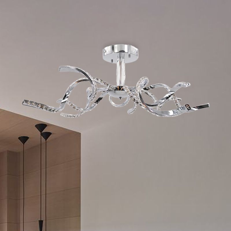 Twist Crystal Semi Flush Lighting Minimalist 10 Lights Chrome Ceiling Light Fixture in White/Natural Light