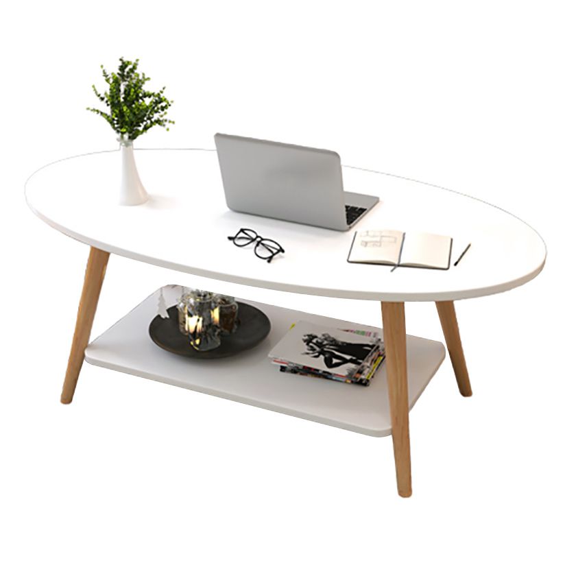Modern Oval Solid Wood Coffe Table with Storage Shelf and 4 Legs