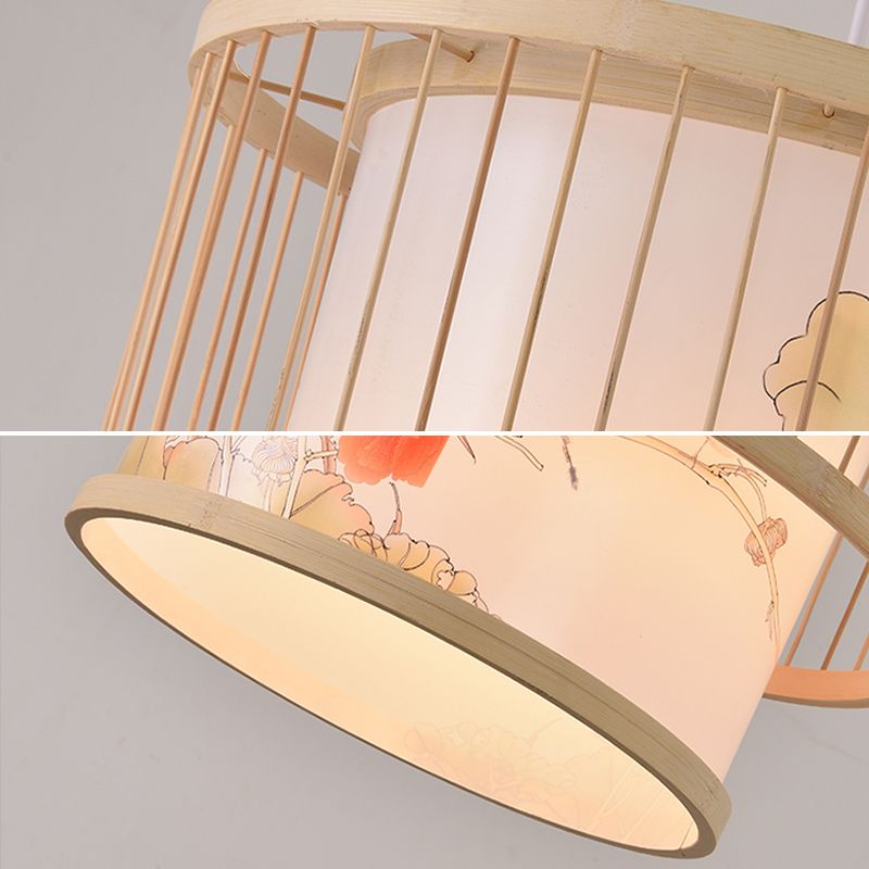 Beige Bamboo Hanging Light Fixture Asian 1-Light Suspension Pendant Light for Restaurant