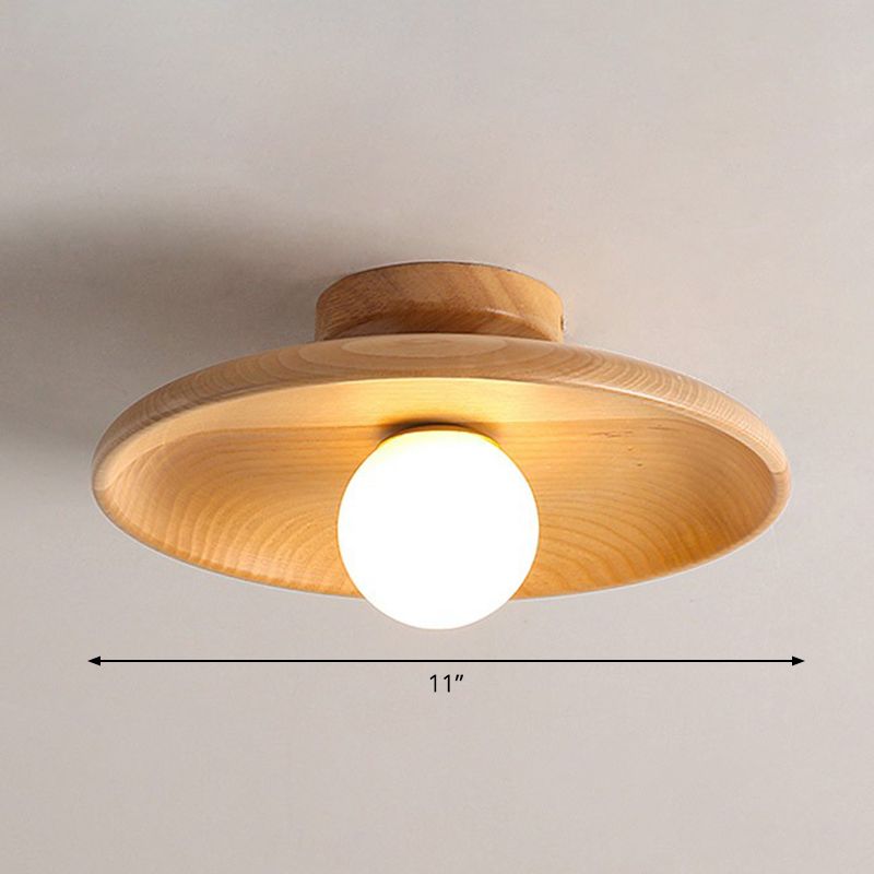 Shallow Bowl Shaped Ceiling Lamp Minimalist Wooden 1 Head Aisle Semi Flush Mount Light