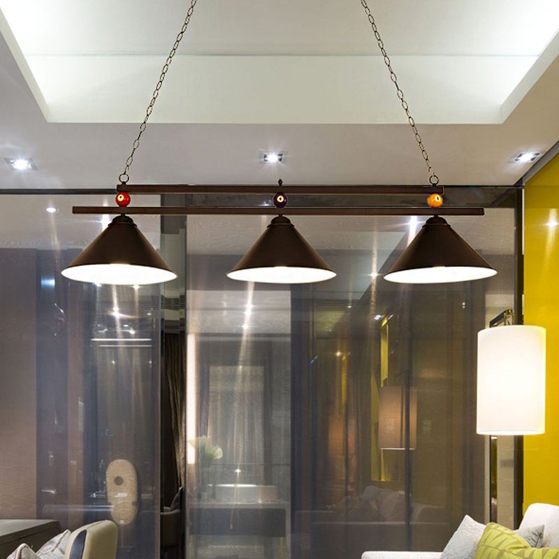 Industrial Style Cone Shade Ceiling Pendant 3 Heads Metal Island Lighting with Billiard Ball Deco in Black/Red