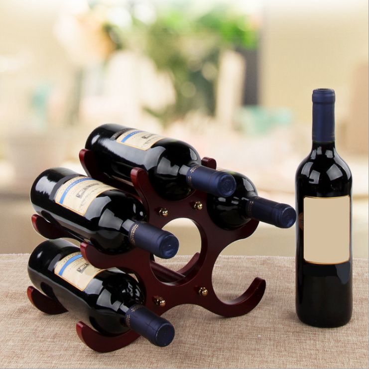 Mid-Century Modern Wine Bottle Rack Tabletop Solid Wood Bottle Holder in Torched Brown