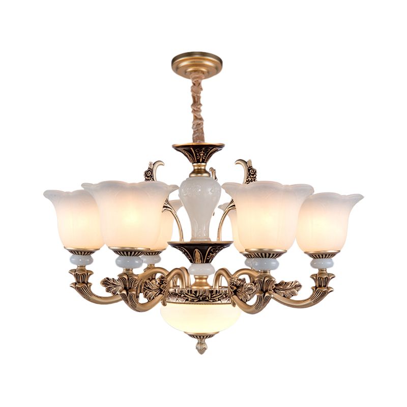 Metallic Gold Hanging Chandelier Swooping Arm 6/8/10 Heads Antiqued Style Ceiling Pendant with Floral Shade
