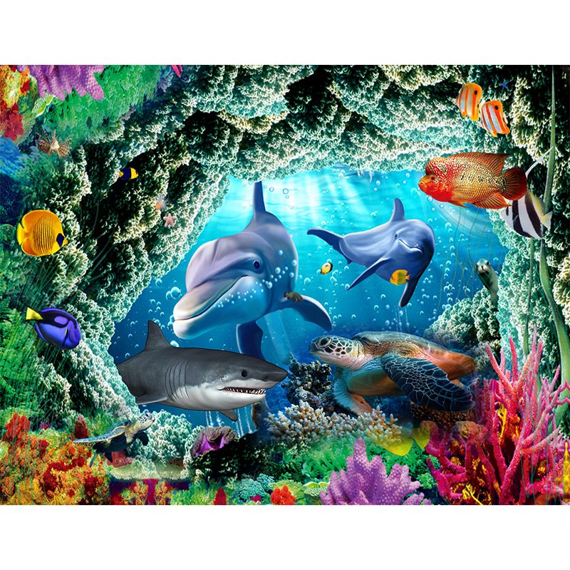 Tropix Undersea World Sharks Murals Blue and Green Waterproof Wall Covering for Boys Room