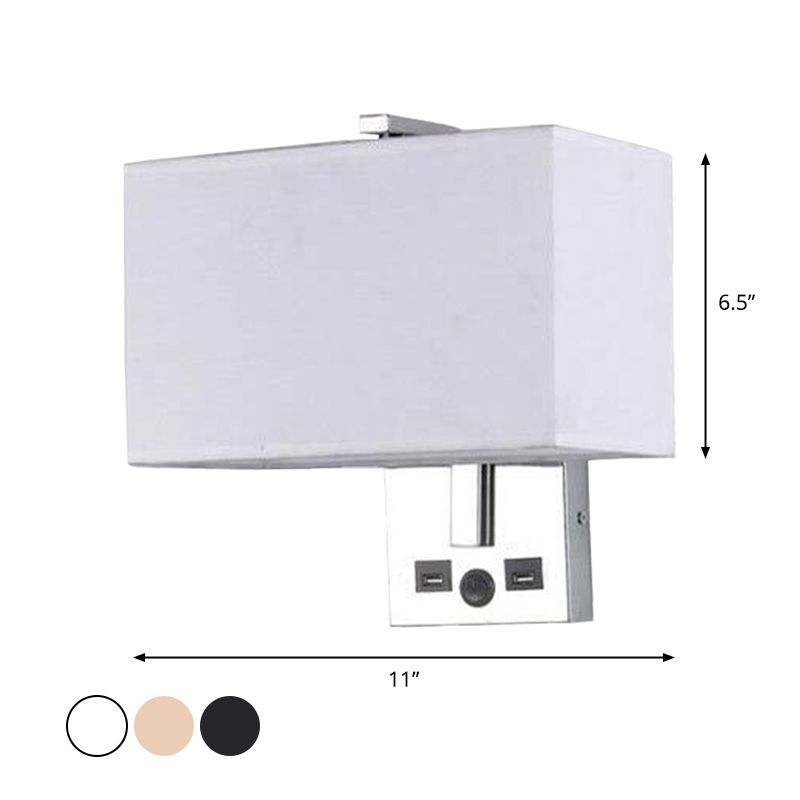 Fabric Rectangle Wall Light Kit Minimalist Single-Bulb Beige/Black/White Wall Lamp Fixture with USB Port