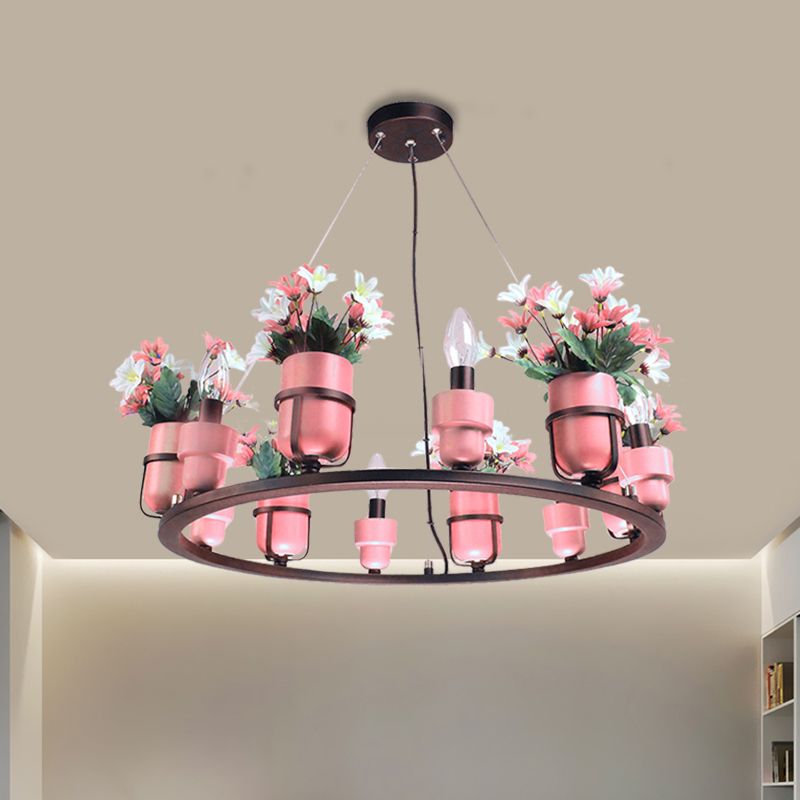6 Bulbs Metal Chandelier Industrial Pink/Blue Circular Pendant Light Kit with Candle Design