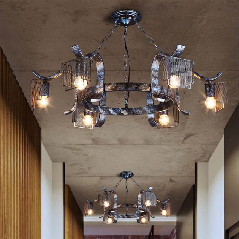 Fer Ring Hanging Light avec écran en mailles six têtes pendantes rustiques Lumière en noir antique pour bar