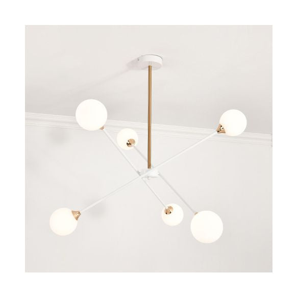 Contemporary White Arm Chandelier Line Metallic Amber//Clear/Silver/Smoke Grey/White Suspension Light with Spherical Shade for Study Room