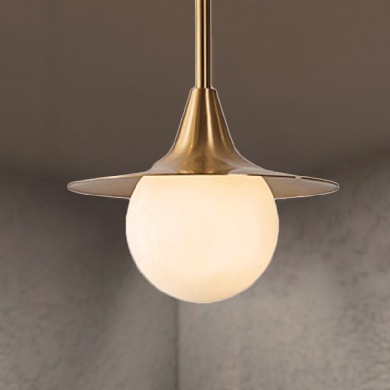 1 Light Flared Ceiling Pendant Light with Milk Glass Ball Shade Mid Century Brass Hanging Lamp for Dining Table