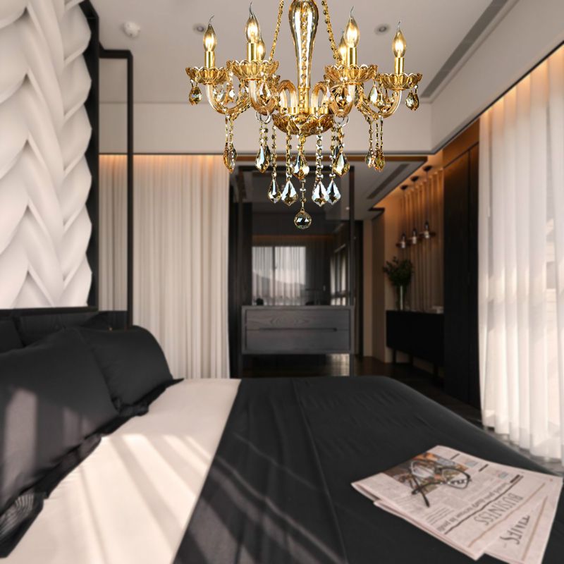 6 hoofden goudglas hangend plafondlicht traditionele kaarsen woonkamer kroonluchter verlichting met kristallen druppel