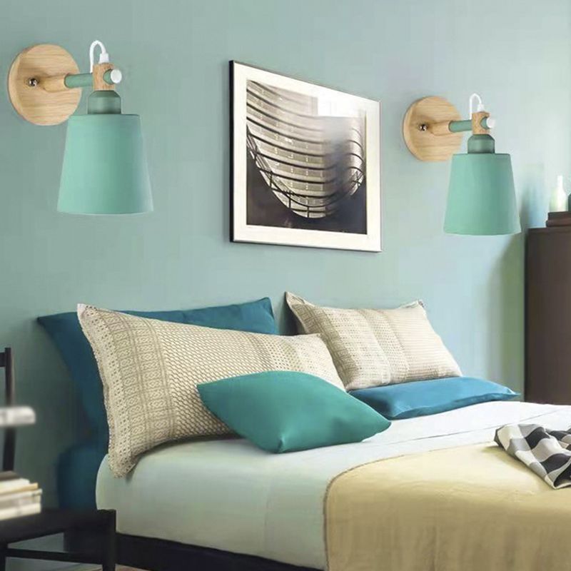 Nordic Style Metal Wall Light Colorful 1 Light Wall Sconce with Wood for Bedroom