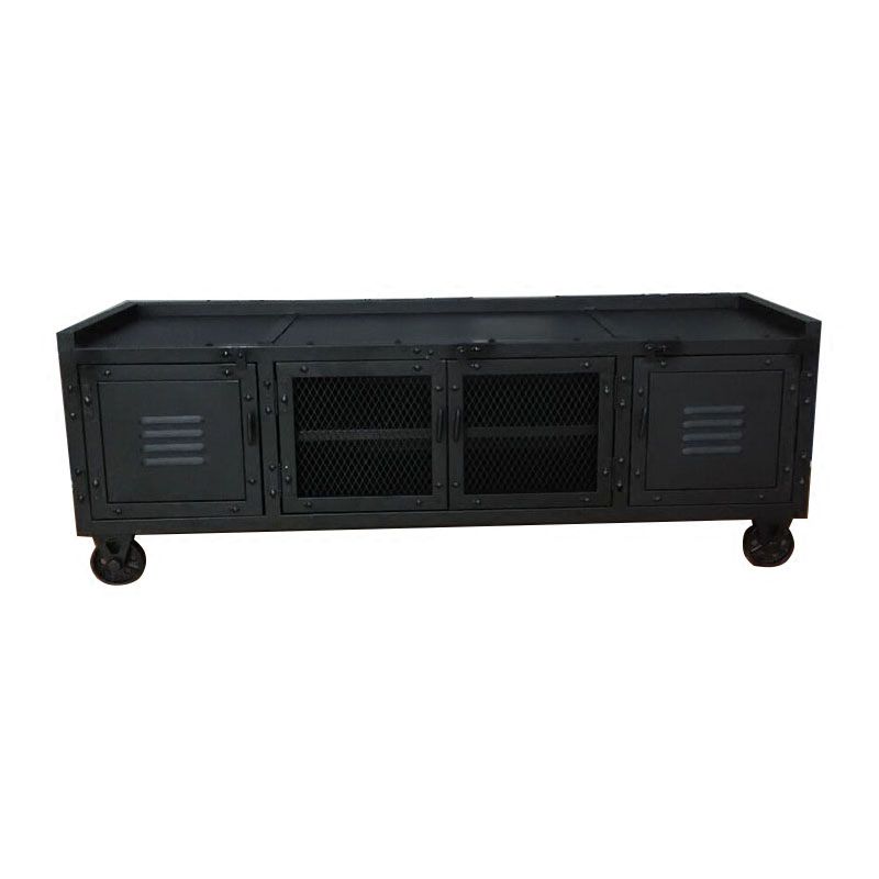Metal Black TV Cabinet Industrial Style Home TV Stand Console with Casters