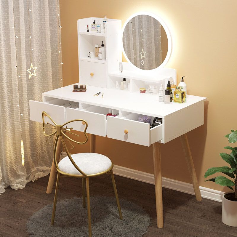 Contemporary White Vanity Dressing Table with Mirror in Solid Wood