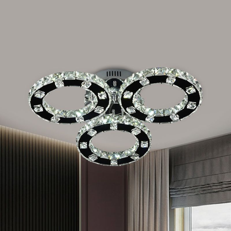 Simple LED Ceiling Light Fixture Stainless-Steel 3-Ring Semi Mount Lighting with Cur Crystal Shade