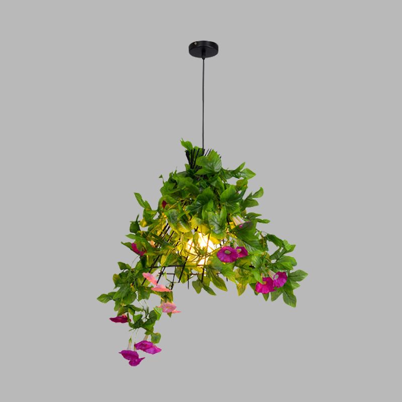 Iron Black Pendant Light Fixture Conical Cage 1-Bulb Industrial Suspension Lamp with Flower and Leaf