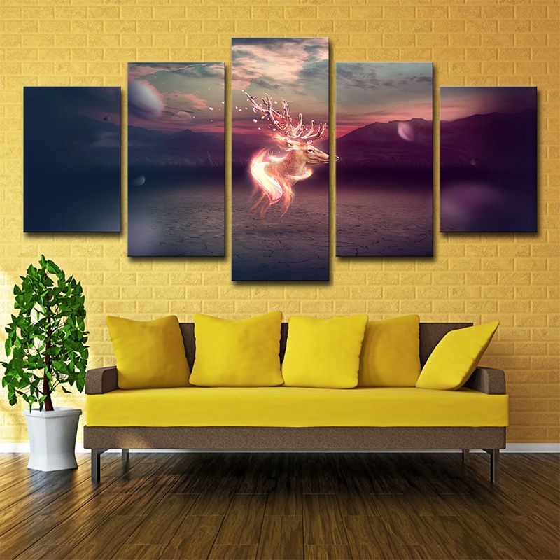 Sika Deer Canvas Kids Style Dreamy Fantasy Wall Art in Orange for Living Room