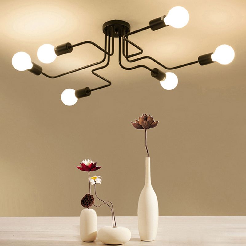 Black Bare Bulb Ceiling Lighting Retro Iron Angled Tangle Semi Flush Mount Lighting for Living Room