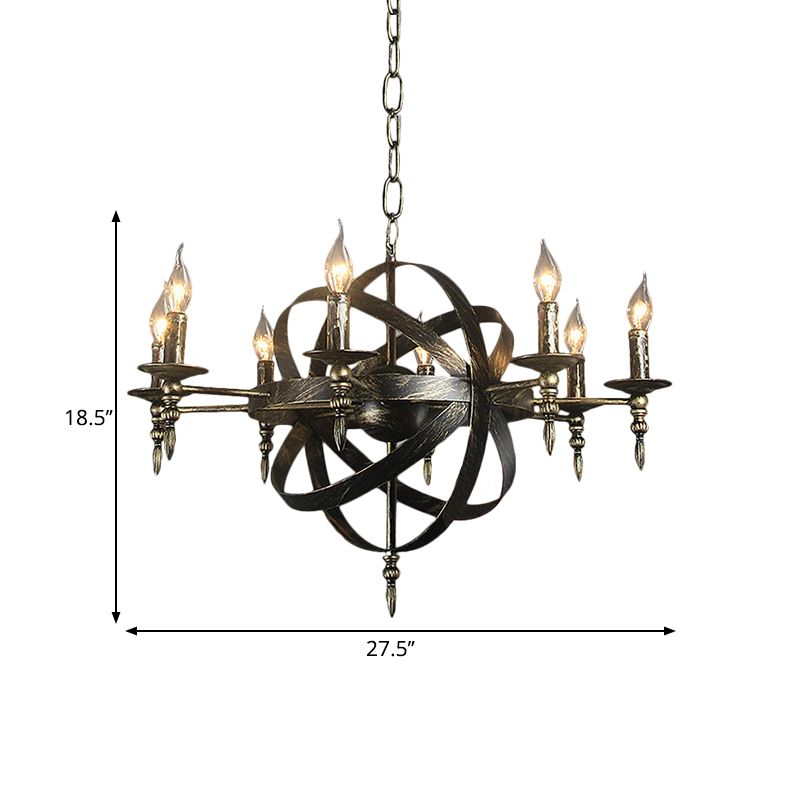Candle Metallic Chandelier Light Fixture with Spherical Cage Shade Vintage 6/8 Heads Restaurant Ceiling Light in Black/Rust