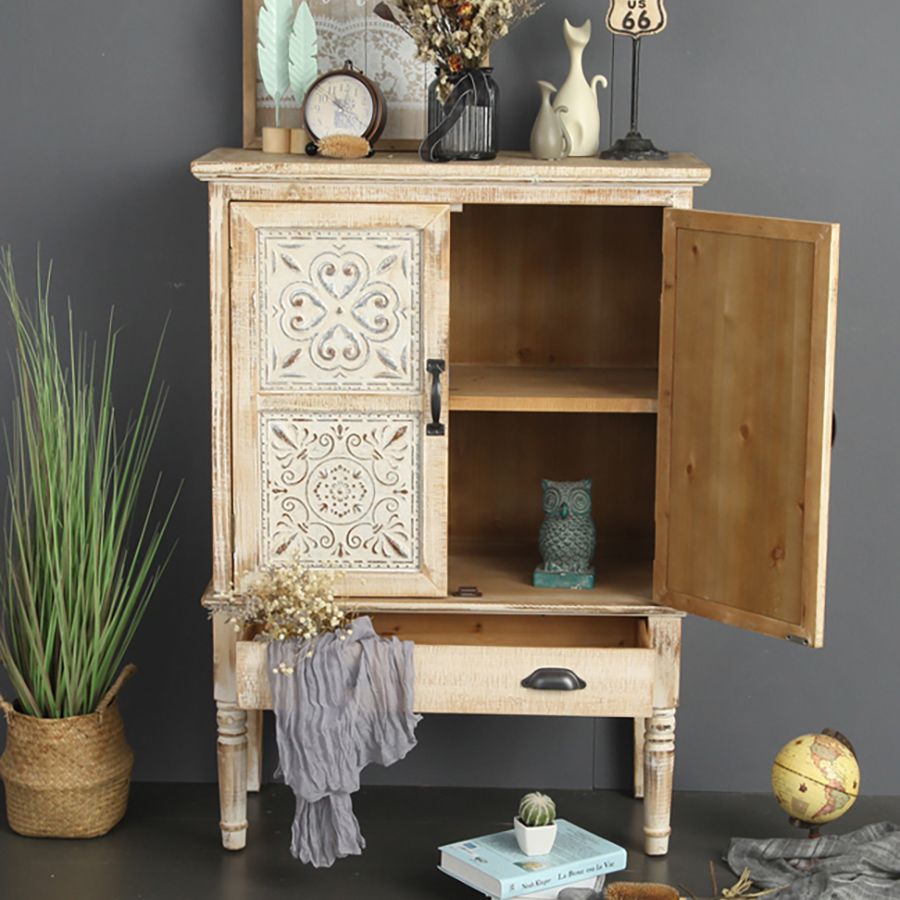 Industrial Rectangle Accent Cabinet Distressed Finish Fretwork Accent Cabinet