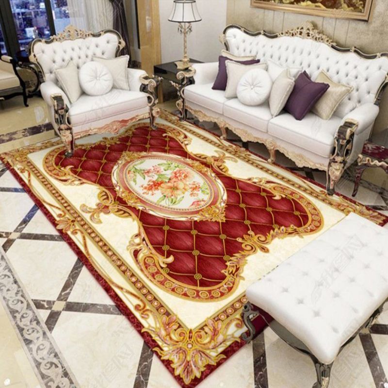 Apricot Tone Luxury Area Carpet Polyester Floral Print Indoor Rug Easy Care Carpet for Living Room