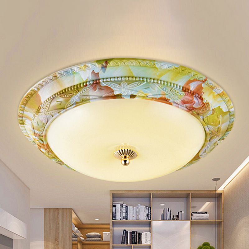 White-Green Tiered Ceiling Lamp Rustic Opal Glass Living Room LED Flush Mount Light Fixture, 14"/16"/19.5" W