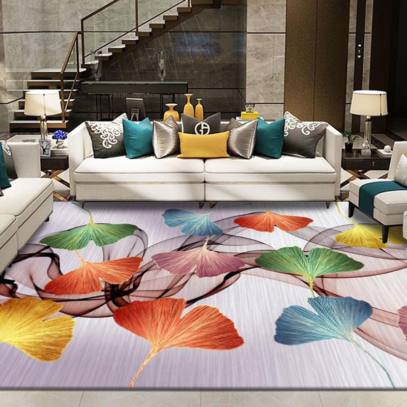 Gray Modern Rug Polyester Leaves Rug Non-Slip Backing Rug Washable for Home Decor