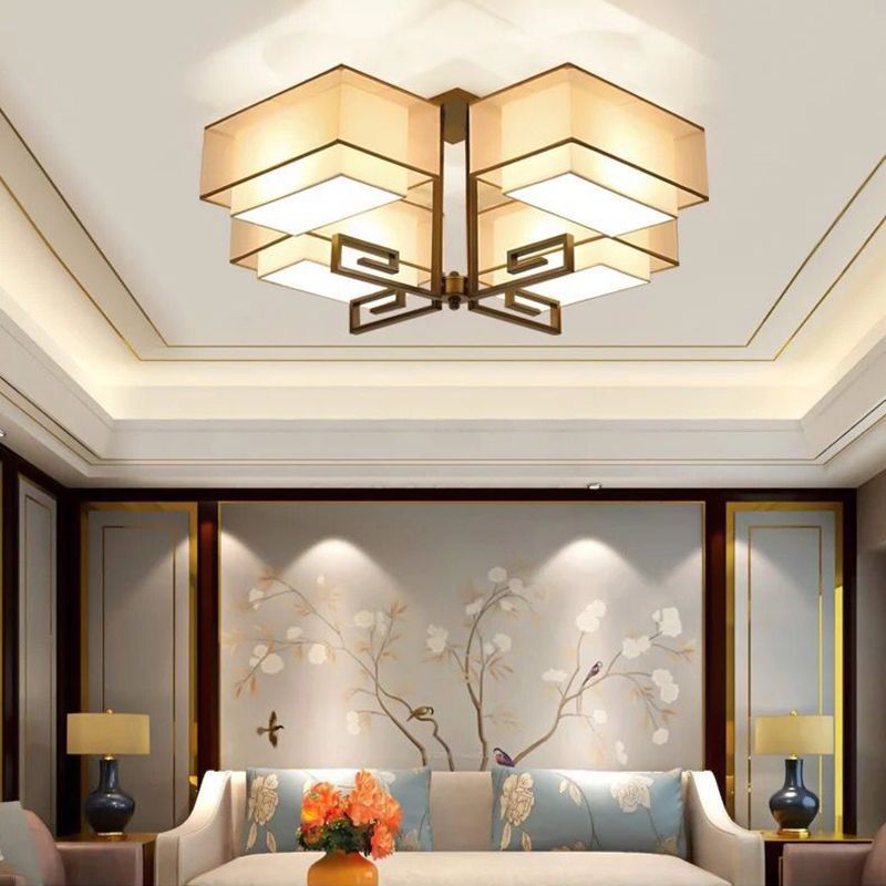 Plafoniera quadrata da incasso a 4 luci in stile classico tradizionale in ferro battuto con paralume in lino