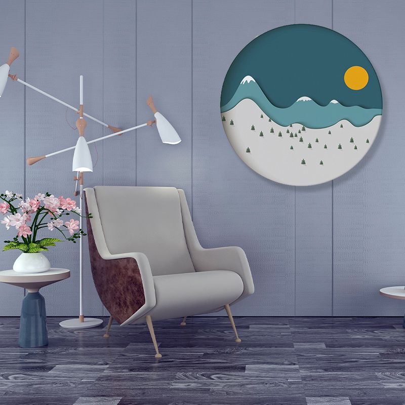 Mountain Forest Canvas House Interior Illustration Landscape Painting in Blue, Textured