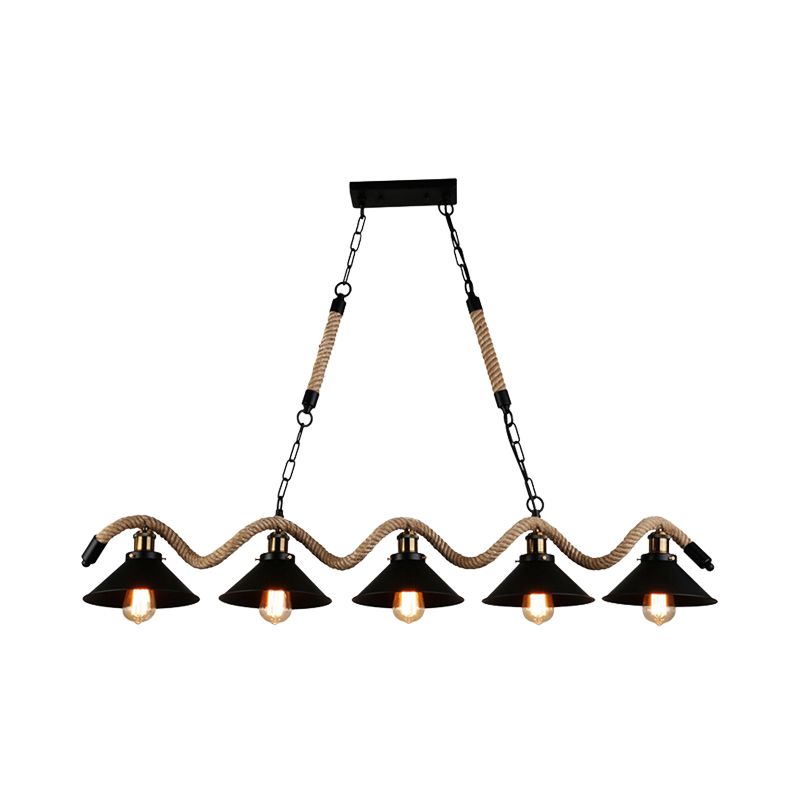 Farmhouse Style Conic Island Lamp 3/5 Bulbs Metal and Rope Pendant Light with Wavy Design in Black