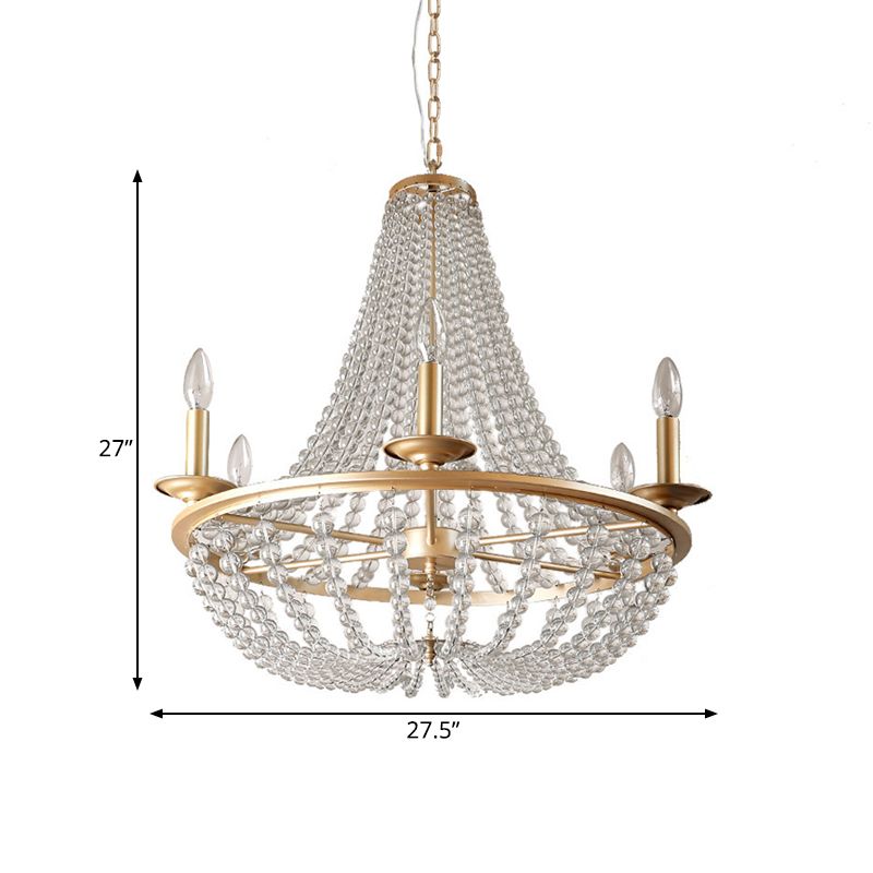 Crystal Beaded Hanging Chandelier Traditional 6 Lights Bedroom Ceiling Pendant in Gold