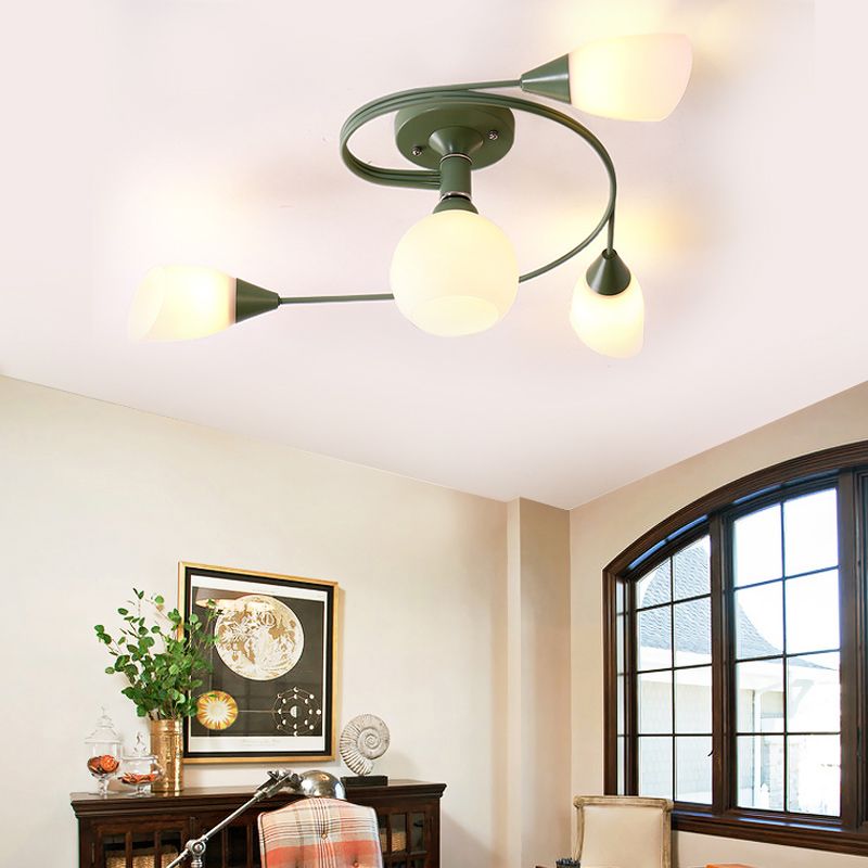 Curly Semi Flush Mount Light Nordic Fer 4/6 HEAD GREN / ROSE / JAUNE PLAFICATION AVEC BLAND D'ECVOIRE DE VERRE
