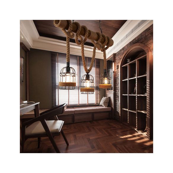 Industrial Birdcage Pendant Light Chandelier 3 Lights Metal Island Light with Adjustable Rope in Black, 31.5"/39" Wide