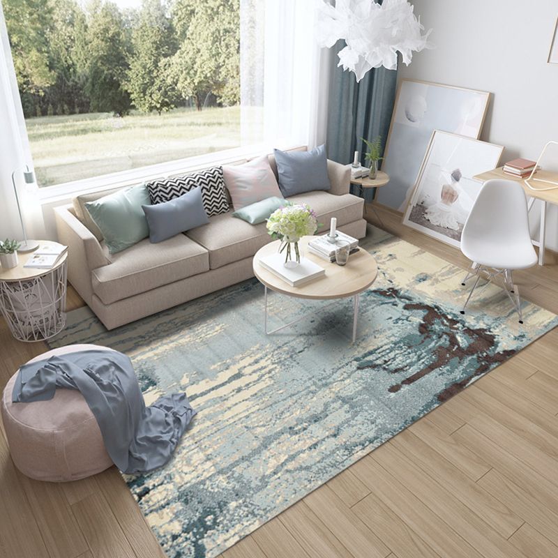 Blue and Brown Bedroom Rug Modern Abstract Painting Pattern Area Rug Polyester Pet Friendly Carpet