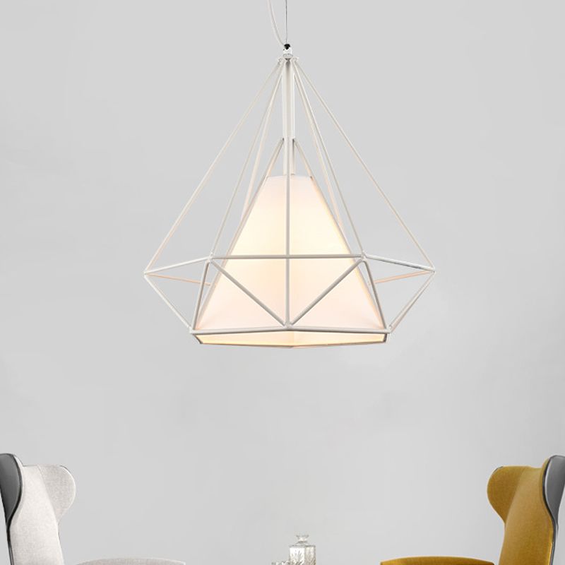 1 Head Wire Frame Hanging Pendant Light with Fabric Shade Loft White Metal Ceiling Lighting for Coffee Shop